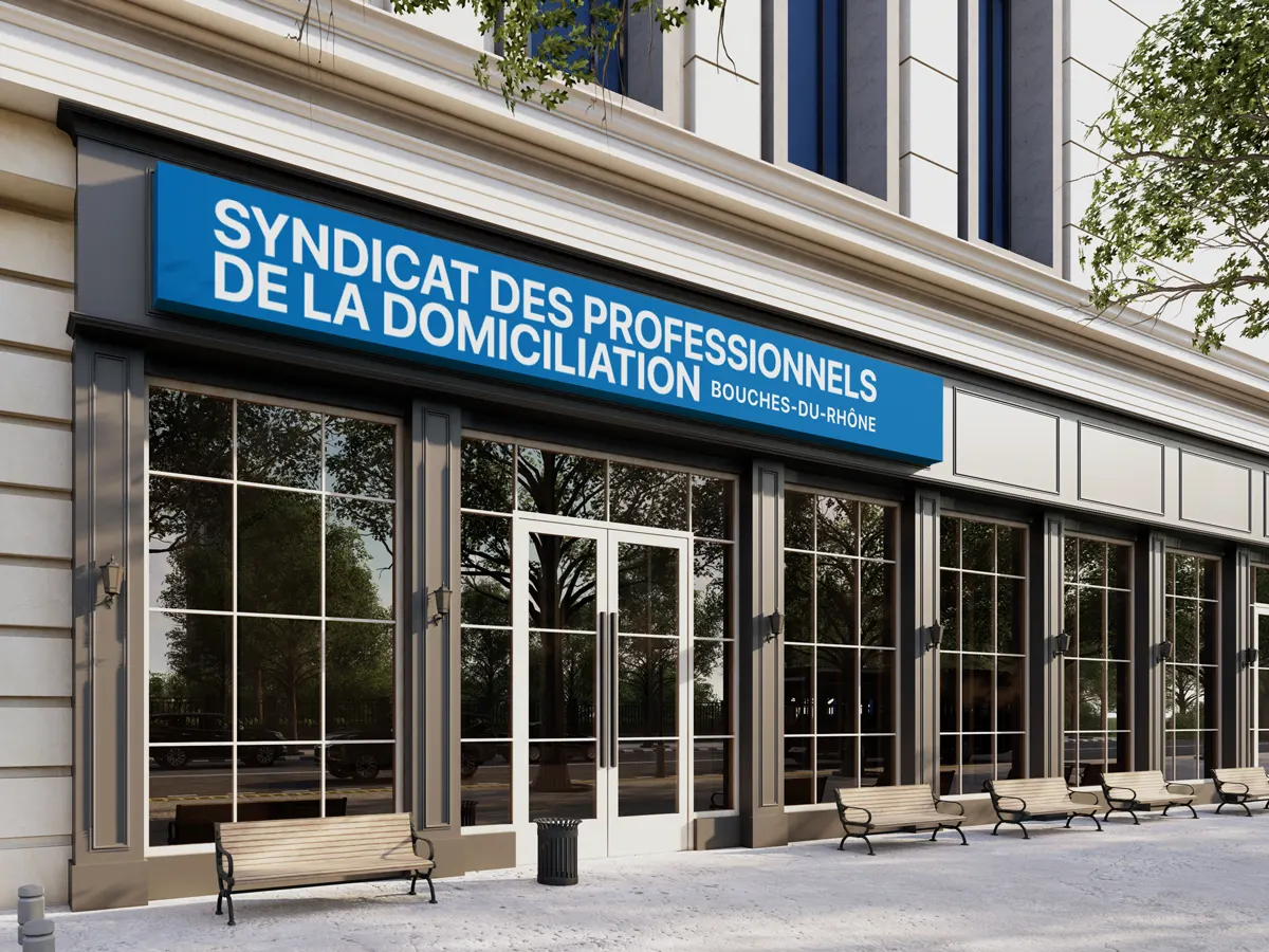 Façade d'un centre d'affaires portant l'enseigne du syndicat